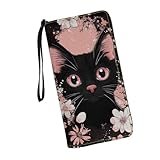 JUDENTIDOS Geldbörse für Damen, Clutch, RFID-blockierend, Leder, Handgelenk, Kreditkartenetui, Kirschblüten-Katze, Einheitsgröße