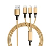 1m 3 in 1 USB 3.5A Starkes 100W geflochtenes Schnellladekabel Multi-Ladekabel/Ladegerät, Typ-C USB C/Micro USB/IP Port, Universal für Handy/Tablet/Samsung usw. Gold (1,2 Meter)