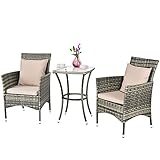 GIANTEX Balkonmöbel Kleiner Balkon, Rattan Gartenmöbel Set Bistrotisch mit 2 Stühlen, Rattan Balkonmöbel 2 Personen, Möbel, inkl. Kissen, Balkonset 3 teilig