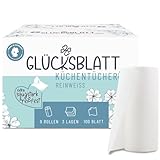 Glücksblatt Küchentücher, 9 Rollen á 100 Blatt, 3-lagige Küchenrollen Großpackung, plastikfrei, nachhaltig, Haushaltsrollen, Allzwecktücher, Papiertücher, Papierhandtücher, Küchenpapier