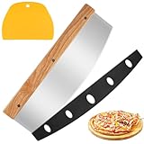 Deepton Pizzaschneider mit Holzgriff, 32 CM Pizzamesser mit Teigschaber, Profi Edelstahl Pizza Zubehör, Scharfes Wiegemesser für Geschnittene Pizza, Teig, Crêpes