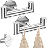 EHJAOOHH 2 Stück Doppelte Kleiderhaken Ohne Bohren Handtuchhaken Schwarz aus Edelstahl Doppelhaken Geschirrtuchhalter Starken Halt Große Runde Basis für Badezimmerfliesenwände(Silber)