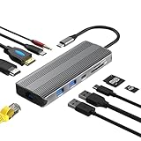 10 in 1 USB-C Dockingstation mit Dual 8K HDMI, 5Gbps USB 3.0, 100W PD Laden, Gigabit Ethernet, SD/TF Kartenleser, Audio, Kompatibel mit Windows/macOS/Linux