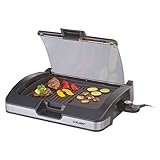 Cloer 6725 Barbecue-Grill, Tischgrill mit Glasdeckel, Antihaftbeschichtet, 2200 Watt, Grillfläche: 29 x 39 cm, silber/ schwarz