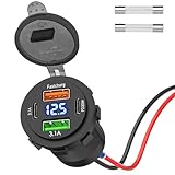 (4 Anschluss) 12V USB C PD Steckdose Auto: KFZ Buchse Einbau Typ C Dose 12 Volt DC Adapter Wasserdicht Stecker mit Voltmeter Schalter Panel für lPhone Wohnmobil LKW Wohnwagen Motorrad Boot 12 V