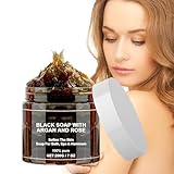 Schwarze Seife mit Argan und Rose,Marokko Körperpeeling,Organische Marokkanische Schwarze Seife,Morocco Black Soap,Zawina Moroccan Black Soap mit Handschuh,Morocco Black Beldi Soap