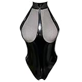 Damen Wetlook Leder Bodysuit Brust Harness PU Leder Halsband mit Kette Erotik String Body Unterwäsche Gogo Unterwäsche Clubwear mit Neckholder, Style 1, S