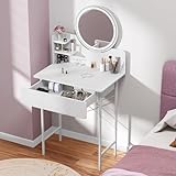 OSKOPWRC Kleiner Schminktisch, weiß, mit LED-beleuchtetem Spiegel, Schminktisch, Schublade, offene Regale, verstellbare Helligkeit, elegant für Frauen, klein, weiß