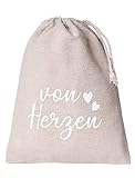 | 5 Geschenkbeutel mit Gruß, Leinensäckchen, Stoffbeutel mit Kordel,Geschenkverpackung aus Leinen-Baumwollstoff - 21x17 cm - (von Herzen)