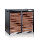 Zelsius Mülltonnenbox 2er Mülltonnen | (B) 132 x (T) 80 x (H) 117 cm | Anthrazit RAL7016 | Tür in dunkelbrauner Holzoptik mit Erweiterungsmöglichkeit | Mülltonnenverkleidung, Garten Müllbox