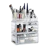 Relaxdays Make Up Organizer mit 21 Fächern, Kosmetik Tower für Lippenstift, Nagellack, Acryl Make Up Box, transparent