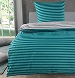 MALIKA Bettwäsche 135x200 Baumwolle, 2-teiliges Set, Streifenmuster, Wende Bettbezug 135 x 200 cm, Kissenbezug 80x80 cm, Renforcé, atmungsaktiv, maschinenwaschbar, Petrol