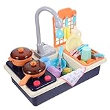 TOBBOMEY Elektrische Kinderspülmaschine mit Fließendem Wasser Waschbecken und Wasserzirkulierendes Küchenspielset für Mädchen Batterielos Kreatives Rollenspiel Blau