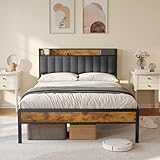 Bealife Polsterbett, Holzbett mit Metallbettgestell, gepolstertes Podest, Doppelbett mit Holzlattenrost, Stützkopfteil, Bettrahmen (Dunkelgrau, 140 x 200 cm)