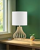 GOEBLESON Kleine Nachttischlampe, moderne Tischlampe mit Metallkäfigbasis und Leinenschirm, Fensterbank Lampe, mit E27 4W LED Birne, für Schlafzimmer, Wohnzimmer, Weiß und Gold ZDCW10TLD05N1