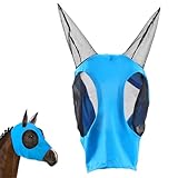 KIRZAX Fliegenmaske Pferd,Pferdemaske mit Ohren,UV-Abdeckung, elastische Pferdefliegendecke, weiche Netz-Pferdefliegendecke mit Ohrenschützern