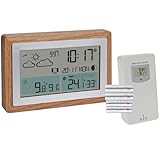TFA Dostmann Funk-Wetterstation mit Außensensor OAK, 35.1167 Wettervorhersage, mit Holz-Rahmen, Innen- Außentemperatur, mit Lüftungsempfehlung, dimmbar, Funkuhr, Wecker, digital, braun mit Batterien