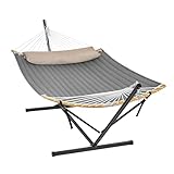 SONGMICS Hängematte mit Gestell, Hängemattengestell aus Metall, Doppelhaltestange, mit Kissen, bis 200 kg belastbar, Garten, schwarzes Gestell und graue Hängematte GHS002G01
