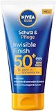 NIVEA SUN Schutz & Pflege Invisible Finish LSF 50+, wasserfester Sonnenschutz mit Hyaluron, schnell einziehende Sonnencreme für intensive Feuchtigkeit ohne weiße Rückstände (150 ml)