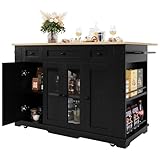 DRIXNO Kücheninsel, Abnehmbare Trennwände, Küchenschrank, Esszimmerwagen mit Arbeitsplatte, Buffetschrank, Esszimmerwagen mit Holzmaserung, Buffetschrank, Schrank aus gehärtetem Glas, Schwarz