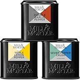 Mill & Mortar Pepperazzi Geschenkset, 3 Bio-Pfeffer-Gewürzmischungen ohne Salz, Seven Pepper Crush, Triple Lemon Pepper & Double Garlic Pepper, Pfeffer-Gewürzset für Steak, Grill, Gemüse & Küche