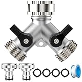 Lectorias Wasserverteiler 2 Wege, Wasseranschluss Verteiler, Schlauchverteiler 2 Wege, Y Verteiler Gartenschlauch mit Separatem Schalter, Wasserhahn Abzweig, Gartenschlauch-Rohrsplitter(Silber)