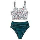 ZAFUL Zweiteiliger Bikini Set, verknotet Oberteil Tankini mit Blumenmuster Sexy Beachwear Sommer （L,Blumen-Pfauenblau）