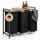 Blumtal Wäschesammler 3 Fächer Schwarz - Wäschekorb mit Ablage in Bambus-Optik - Wäscheschrank mit Metall-Rahmen in Schwarz - Wäschekorb mit Beinen - Wäschesortierer 3 Fächer/Schmutzwäschebehälter