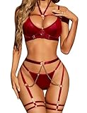 RSLOVE Damen Dessous Set mit Strapse - Erotische BHS und Slips, 6-teilig Rot S