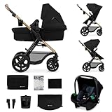 Kinderkraft MOOV2 Kinderwagen 3 in 1 Kinderwagenset bis 26 kg mit Kindersitz I-SIZE 40-75 cm, Buggy Funktion, Liegeposition verstellbar, Große ausziehbare Verdeck, Eva-Schaum-Räder, Schwarz