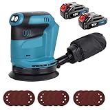 Akku Exzenterschleifer 125mm, Ersatz für Makita DBO180Z, Bürstenloser Akku Schleifer mit 2x 18V 3000mAh Akku und Ladegerät, 12X Schleifpapier(P120/P180/P240), 3 Leistungsstufe, zum Schleifen Polieren