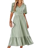 BebreezChic Sommerkleid Damen Lang Boho Elegant Kurzarm V-Ausschnitt Hohe Taille Swiss Dot Gerafft Blumen Strandkleid Maxikleid, Hellgrün L