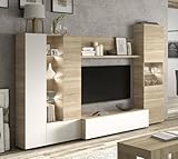Habitdesign, Moderne Wohnwand 260 cm breit, TV-Möbel in kanadischer Eiche und Weiß Hochglanz, kompaktes Wohnzimmer-Set mit viel Stauraum, Maße: 260 x 185 x 42 cm (B x H x T), Modell Essential