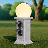 MALUX Aussensteckdose Wasserdicht in Marmoroptik, Outdoor Steckdose with LED Ball Light, 3m Kabel, IP44, 4 Steckdosen, Gartensteckdose (Lamp B)