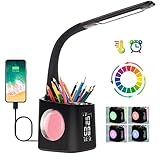 Wanjiaone Schreibtischlampe Kinder LED,Tischlampe Dimmbar mit Uhr, Nachttischlampe Tischleuchte mit 256 RGB Nachtlicht/Stifthalter/USB-Anschluss/3 Helligkeitsstufen/Wecker/für Studium, Büro