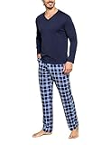 Bresdk Schlafanzug Herren Lang Baumwolle Pyjama Winter V Ausschnitt Hausanzug Langarm, Marineblau/Blau, XL