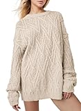 Saodimallsu Pullover Damen Rundhals Strickpullover Casual Loose Langarm Kabel Stricken Oberteil Warm Winter Sweater Beige, S