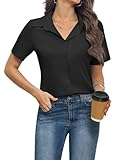 Zeagoo Hemd Damen V-Ausschnitt Bluse Business Hemdbluse Elegant Blusen Kurzarm Oberteile Mit Knöpfen Hemden Lässige Shirt Sommer Top Schwarz XL