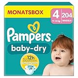 Pampers Windeln Größe 4 (9-14kg) Baby-Dry, Maxi, MONATSBOX, bis zu 12 Stunden Rundum-Auslaufschutz, 204 Stück