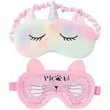 2 Stück Schlafmaske, Kinder Schlafbrille mit Einhorn und Katzenohren Design, Plüsch Augenmaske Schlafmaske und Gel Perlen Kühlmask, Farbenfrohe Eye Mask für Mädchen Hause Reisen