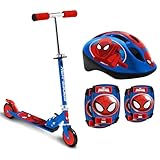 STAMP - ZUSAMMENKLAPPBARER Scooter - SPIDERMAN & Helm mit einstellbaren Tailleneinstellungen + ELLBOGEN und KNIESCHÜTZER - SPIDERMAN