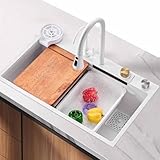 Premium 68 x 45 x 22 cm weiße Edelstahl-Küchenspüle mit Wasserfall-Wasserhahn, langlebig, leicht zu reinigen, stilvolles Design für moderne Renovierung von Haus und Küche