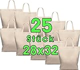 25 STÜCK Baumwolltasche 28 x 32 cm - Jutebeutel mittel – Natur Apothekertasche, Tragetasche, Garn Beutel Geschenktasche ÖKO-TEX® geprüft Stofftasche unbedruckt, kurze Henkel zum bemalen und bedrucken