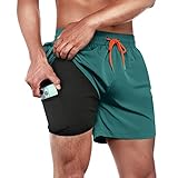 ineepor Badehose Herren mit Kompression Badehose mit innenhose Board Shorts 2 in 1 Reißverschlusstasche kurz Badehose,Blau,L