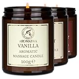 Massagekerze Set Vanille & Kokos & Erdbeere 3x 100 g - Sojawachs Kerze - Duftkerze mit Kokosöl & Mandelöl - Vanille-Oleoresin - Aroma Kerze - Entspannung - Körperpflege - Massage - Aromatherapie