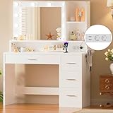JUMMICO Schminktisch mit LED Beleuchtung und Steckdosen, Schminktisch mit Spiegel Kosmetiktisch mit 4 Schublade 10 LED Glühbirne, Weiß