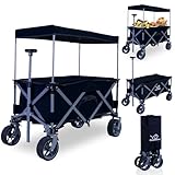 CCLIFE Bollerwagen Faltbar Kinder mit Dach und Tischplatte bis 80kg Belastbar Breite Reifen Handwagen Klappbar - Countryrider Schwarz