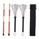 Funien 1 Paar Drum Rods Sticks + 1 Paar Drum Brushes Drum Stick Set mit Aufbewahrungstasche für Jazz Folk Music