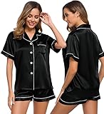 SWOMOG Pyjama Damen Kurz Satin Top und Short Schlafanzug Button Down Pjs Sets Frauen Seiden Nachtwäsche Schwarz