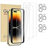 Rvciby 3 Stück Displayschutzfolie für iPhone 14 Pro Max mit 3 Stück Kamera Objektivschutz mit Installationsrahmen,Hochwertige Hartglas 9H Härte,Kratzerfest,HD klar,Fall freundlich [6,7 Zoll]